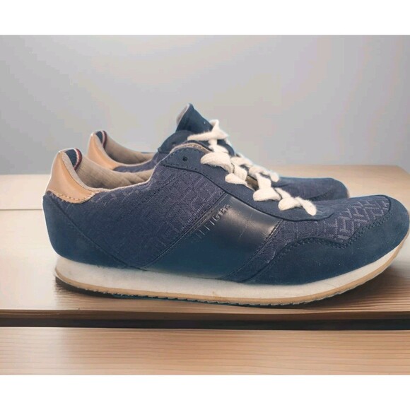 Tommy Hilfiger Sneaker 8.5 Womens Blue Monogram Lace Up Ankle Flat Shoe TWMADDIE - Picture 1 of 13